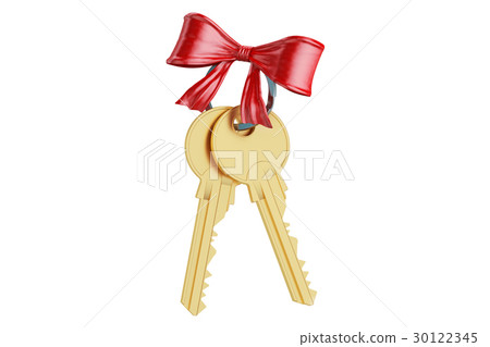 Golden keys with red bow, 3D rendering Golden keys with red bow, 3D rendering 30122345