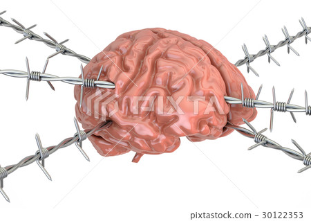 Human Brain pierced with barbed wire, 3D rendering Human Brain pierced with barbed wire, 3D rendering 30122353