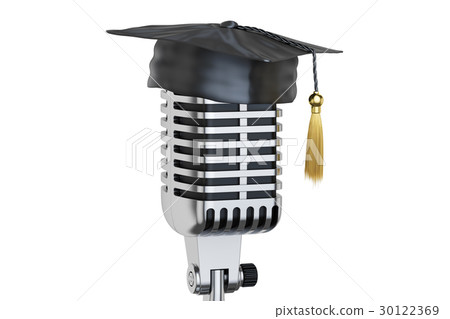 retro microphone with graduation cap, 3D rendering 30122369