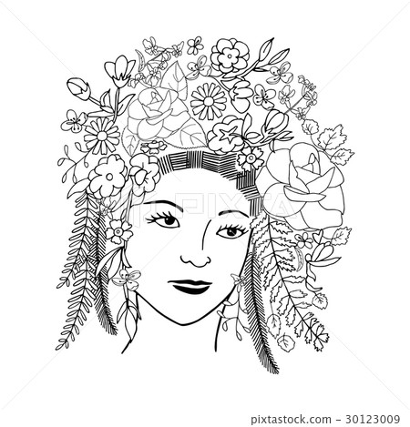 Girl face in chaplet of flowers hand drawn 30123009