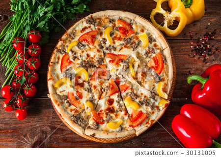 Fresh hot italian pizza of bright colors, flat lay 30131005