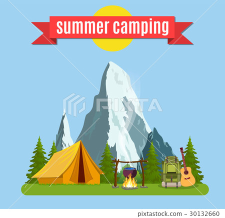 Summer camp. Landscape with yellow tent, 30132660