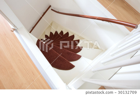 White wooden stairs with red mats 30132709