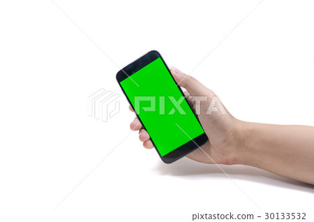 Male hand holding cell phone on white background Male hand holding cell phone on white background 30133532
