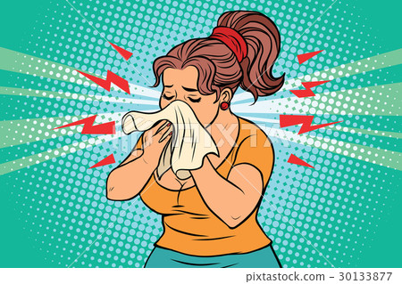 The woman is sick, runny nose and handkerchief 30133877