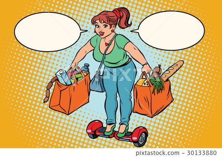Young woman with grocery shopping on gyrometer Young woman with grocery shopping on gyrometer 30133880