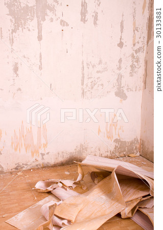 Dirty old room with torn wallpaper on the floor Dirty old room with torn wallpaper on the floor 30133881