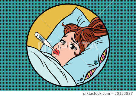 Sick young woman lying in bed with thermometer Sick young woman lying in bed with thermometer 30133887