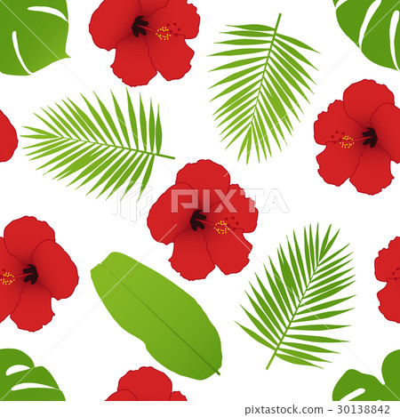 Red hibiscus and palm leaves seamless pattern.  30138842
