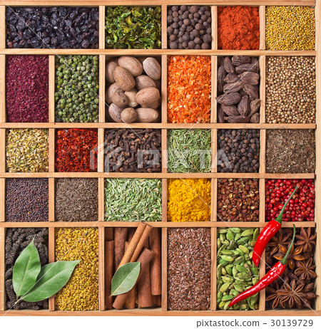 wooden box with spices and herbs wooden box with spices and herbs 30139729