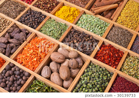 wooden box with spices and herbs wooden box with spices and herbs 30139733