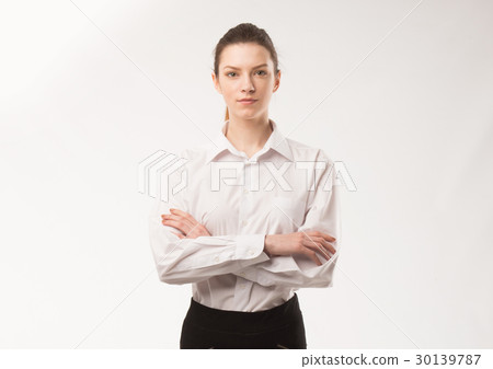 Young happy woman showing presentation, pointing 30139787