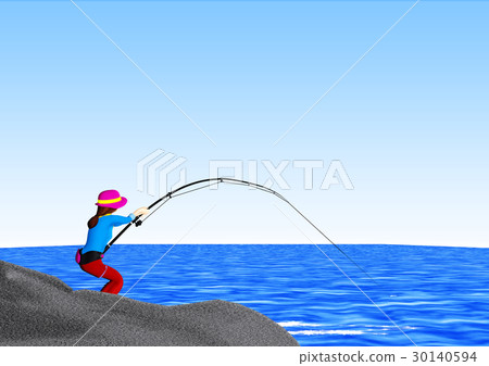 Jigging>用光共享夾具從島上舉起藍色物體的釣魚女孩 30140594