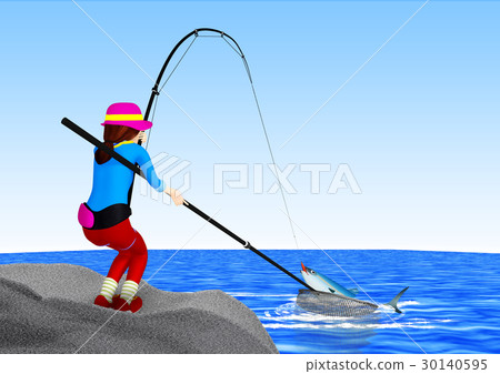 Jigging>用光共享夾具從島上舉起藍色物體的釣魚女孩 30140595