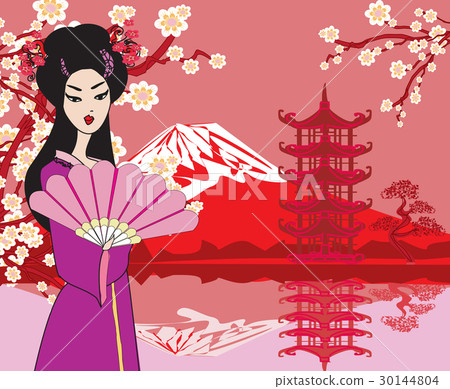 Card with Asian buildings and Mount Fuji. 30144804