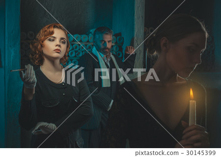 Retro girl and a man looking at her. Retro girl and a man looking at her. 30145399