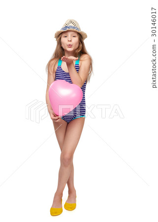 Full length girl in swimsuit with pink balloon Full length girl in swimsuit with pink balloon 30146017