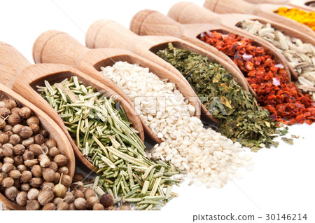 Wooden shovels with different spices Wooden shovels with different spices 30146214