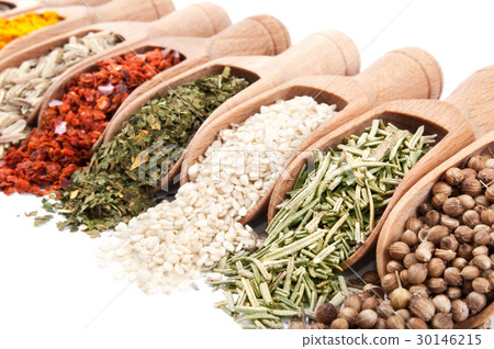 Wooden shovels with different spices Wooden shovels with different spices 30146215