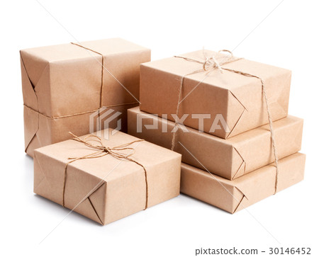 Group of parcel wrapped with brown packing paper 30146452