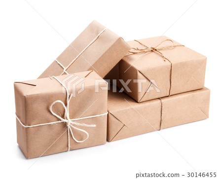 Group of parcel wrapped with brown packing paper 30146455