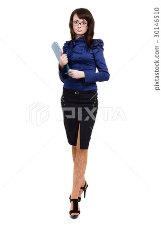 Full body portrait of business woman with blue 30146510