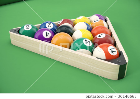 Pool billiard balls in a wooden rack, commonly 30146663