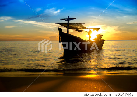 Silhouettes of Fishing boat on the beach. Silhouettes of Fishing boat on the beach. 30147443