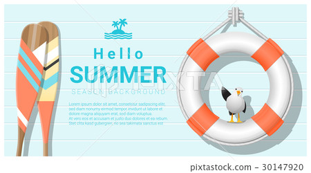Hello summer background with lifebuoy and paddle 30147920