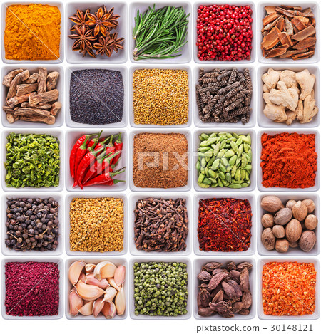 collection of spices and herbs in ceramic bowls collection of spices and herbs in ceramic bowls 30148121