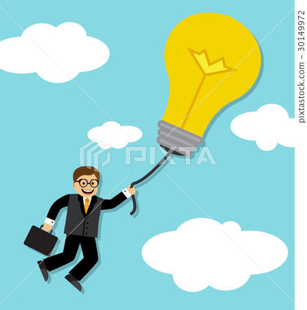Businessman holds a balloon light bulb and flies 30149972