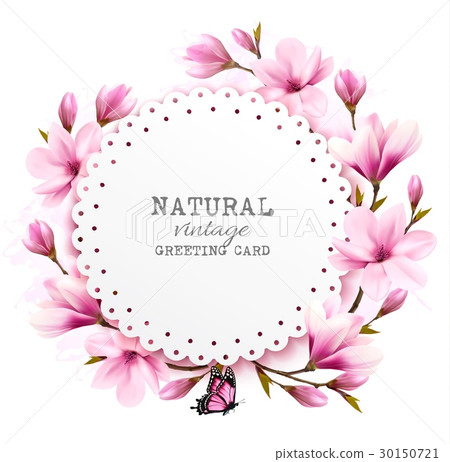 Natural vintage greeting card with pink magnolia. - Stock Illustration ...