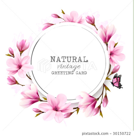 Natural vintage greeting card with pink magnolia. - Stock Illustration ...