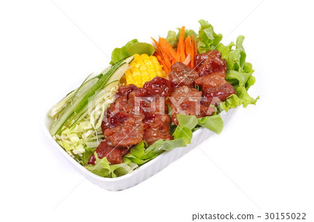 Mixed vegetable salad topped sliced grilled pork Mixed vegetable salad topped sliced grilled pork 30155022