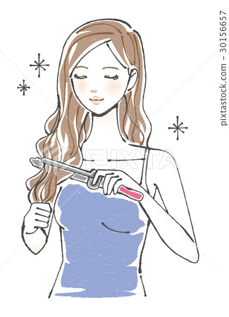 一個女人用捲毛鐵安排頭髮 一個女人用捲毛鐵安排頭髮 30156657