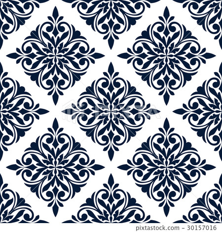 Damask seamless pattern with blue floral ornament 30157016