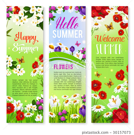 Happy Summer floral greeting banner set design 30157073