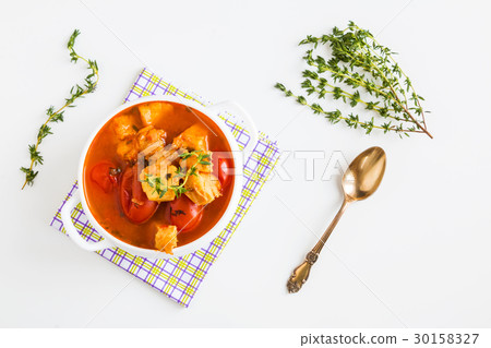 Fish soup with cod, tomato, onion, garlic, thyme 30158327