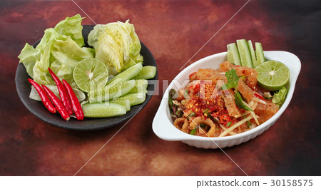 Spicy sour herb salad with pork . Spicy sour herb salad with pork . 30158575