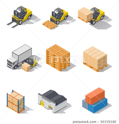 Storage equipment isometric icons set. 30159180
