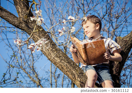 One little boy reading a book on a blossom tree. 30161112