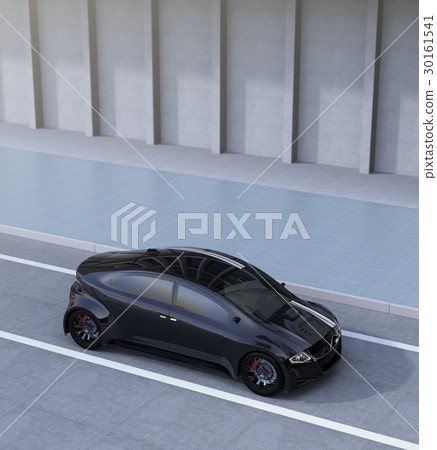 A black lace specification sports car stopped beside the road. 30161541