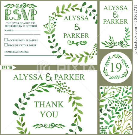 Wedding invitation set.Watercolor green branches Wedding invitation set.Watercolor green branches 30162733