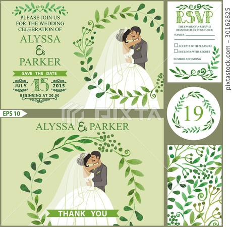 Wedding invitation.Green branches wreath, kissing 30162825