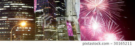 Skyscrapers and fireworks, Moscow, Russia 30165211