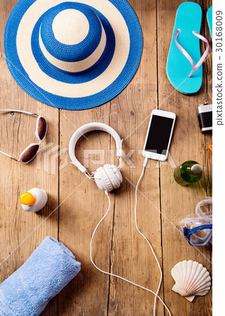 Summer vacation composition. Hat, earphones 30168009