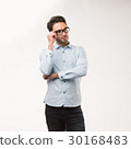 Young happy man showing presentation, pointing on 30168483