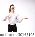 Young happy woman showing presentation, pointing 30168498