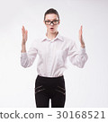 Young happy woman showing presentation, pointing 30168521