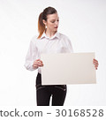 Young happy woman showing presentation, pointing 30168528